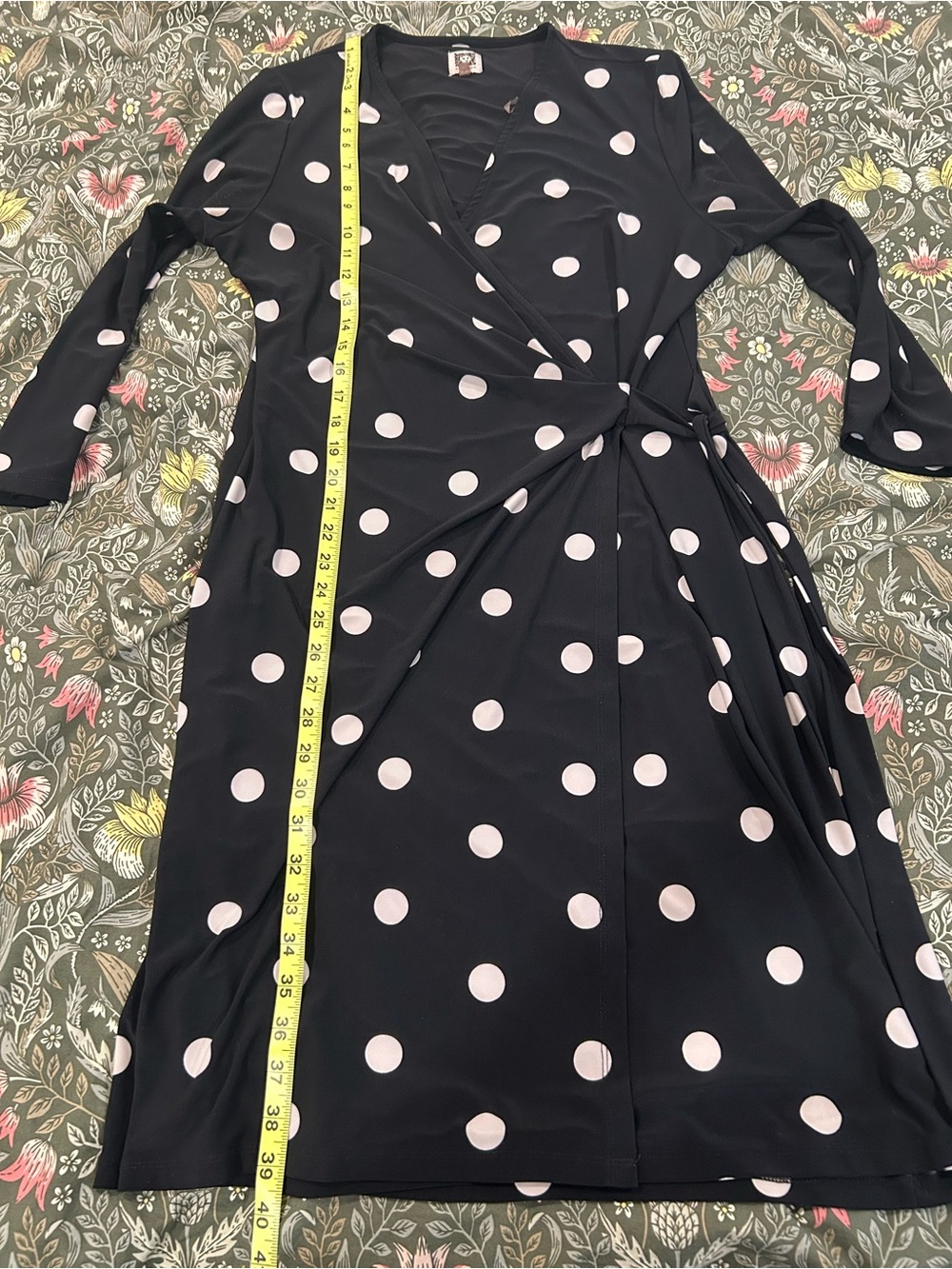 Anne Klein Black Wrap Midi Dress with Pink Polka Dots - Picture 4 of 7